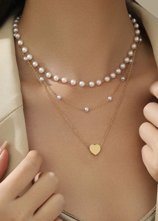 18K Stainless Steel Tarnish-Free Double Pearl & Gold Heart Necklace