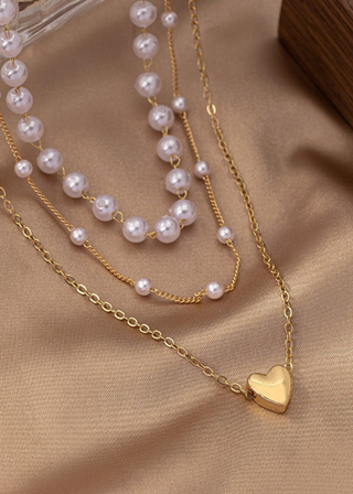 18K Stainless Steel Tarnish-Free Double Pearl & Gold Heart Necklace