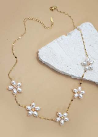 18K Stainless Steel Tarnish-Free Pearl Flower Necklace