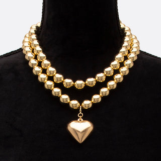 Puffy Heart Pendant Layered Ball Bead Necklace