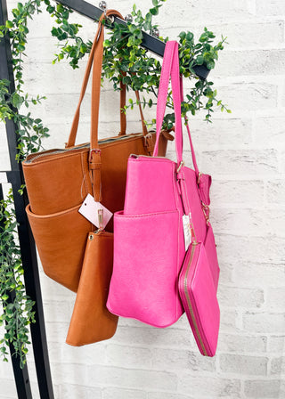 Tan 3-Piece Faux Leather Tote, Pouch & Wallet Set