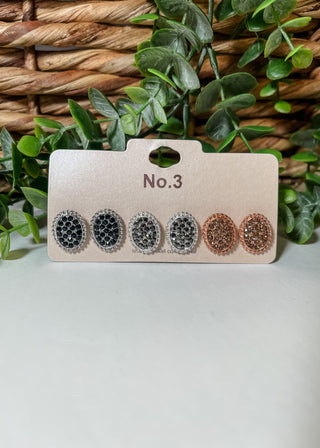 3 Pair Rhinestone Stud Earring Set