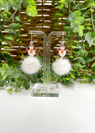 Acrylic Snowman Metal w/ Pom Pom Dangle Earrings