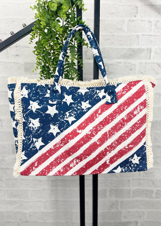 American Flag Pattern Fringe Tote Bag