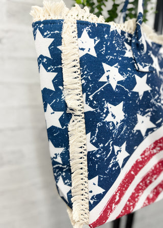 American Flag Pattern Fringe Tote Bag