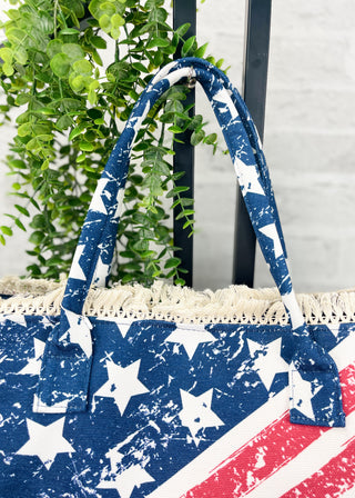 American Flag Pattern Fringe Tote Bag