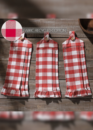 Annie Buffalo Check Red Button Loop Tea Towel Set of 3