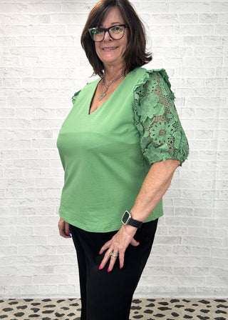 Apple Green 3D Floral Sleeve French Terry Top