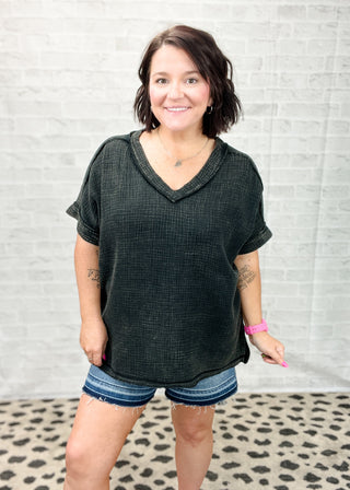 Ash Black Acid-Washed Double Gauze V-Neck Top