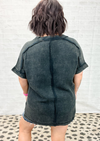 Ash Black Acid-Washed Double Gauze V-Neck Top