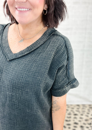 Ash Black Acid-Washed Double Gauze V-Neck Top