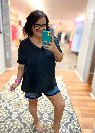 Ash Black Acid-Washed Double Gauze V-Neck Top