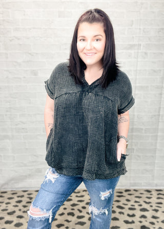 Ash Black Washed Double Gauze Raw Edge Top