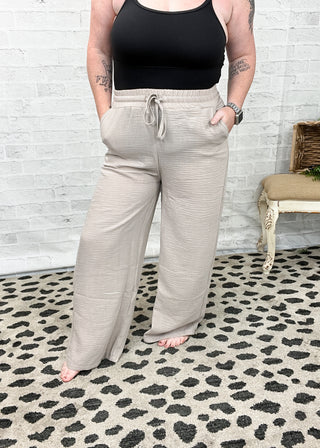 Ash Mocha Woven Crepe Elastic Band Pants