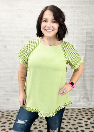Avocado Linen Checker Plaid Detail Top