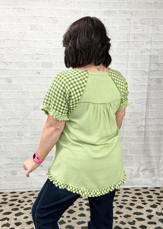 Avocado Linen Checker Plaid Detail Top