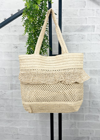 Beige Ruffle Detail Crochet Straw Tote Bag