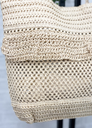 Beige Ruffle Detail Crochet Straw Tote Bag