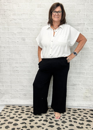 Black Cotton Slub Wide Leg Pants