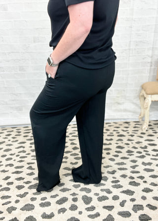Black Crepe Crinkle Wide Leg Pants