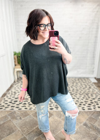 Black Curly Rib Poncho Knit Top