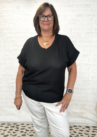 Black Cut Edge Crochet Knit V-Neck Top