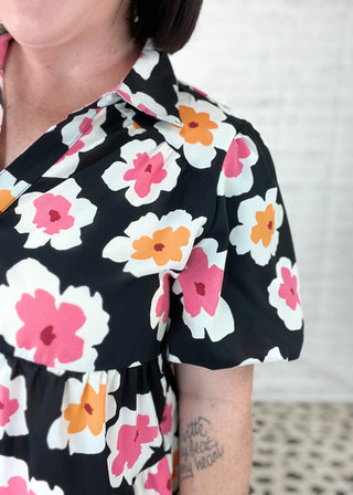 Black Floral Print Tiered Bubble Sleeve Dress