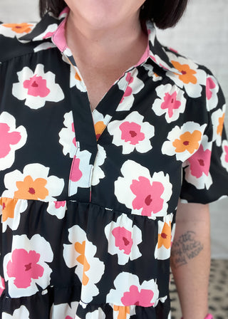 Black Floral Print Tiered Bubble Sleeve Dress