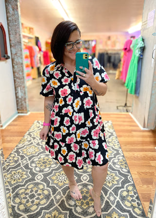 Black Floral Print Tiered Bubble Sleeve Dress