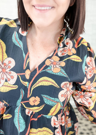 Black Mix Tropical Floral Ruffle Mini Dress