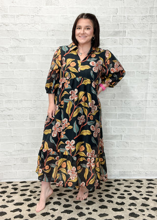 Black Mixed Floral Print Tiered Midi Dress