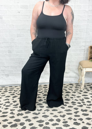 Black Tie Waist Linen Blend Wide Leg Pants