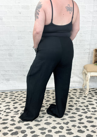 Black Tie Waist Linen Blend Wide Leg Pants