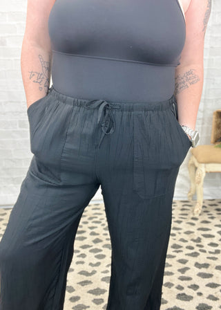 Black Tie Waist Linen Blend Wide Leg Pants