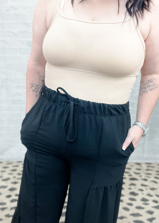 Black Tiered Over Wide Leg Solid Pants