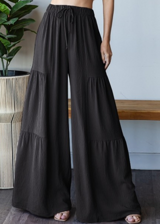 Black Tiered Over Wide Leg Solid Pants