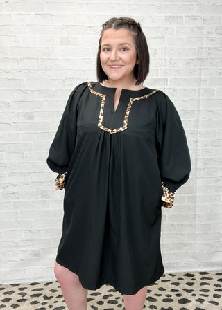 Black Tunic Dress with Leopard Trim Accents