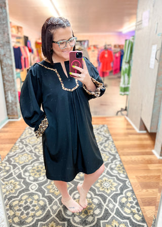 Black Tunic Dress with Leopard Trim Accents
