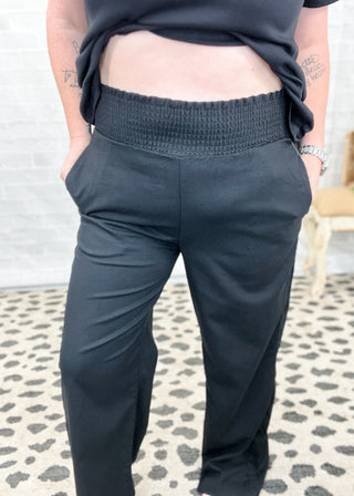 Black Washed Cotton Linen Smocked Waist Pants