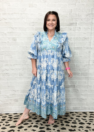 Blue Damask Ruffle Sleeve Midi Dress