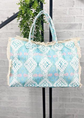 Blue Stella Boho Pattern Fringe Tote Bag