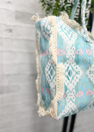 Blue Stella Boho Pattern Fringe Tote Bag