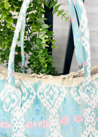 Blue Stella Boho Pattern Fringe Tote Bag