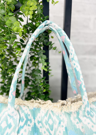 Blue Stella Boho Pattern Fringe Tote Bag