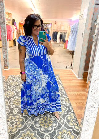 Blue Two Tone Abstract Border Print Midi Dress