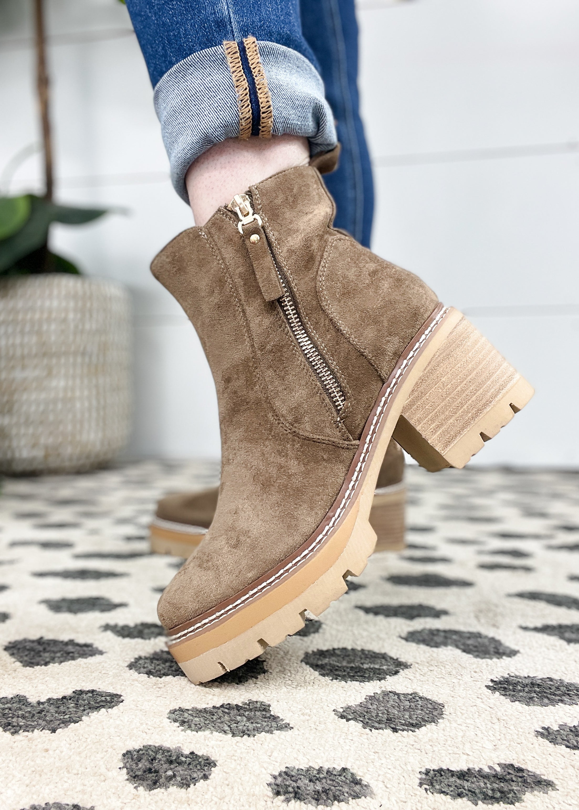 Corkys Up To No Good Lug Boot Saddle Faux Suede