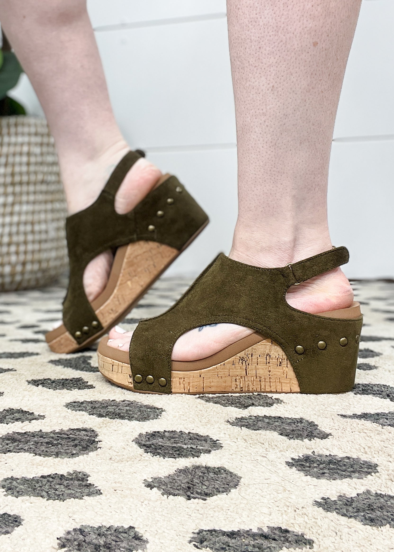 Corkys Carley Wedge Khaki Olive Faux Suede Ellis Mercantile Boutique Inc