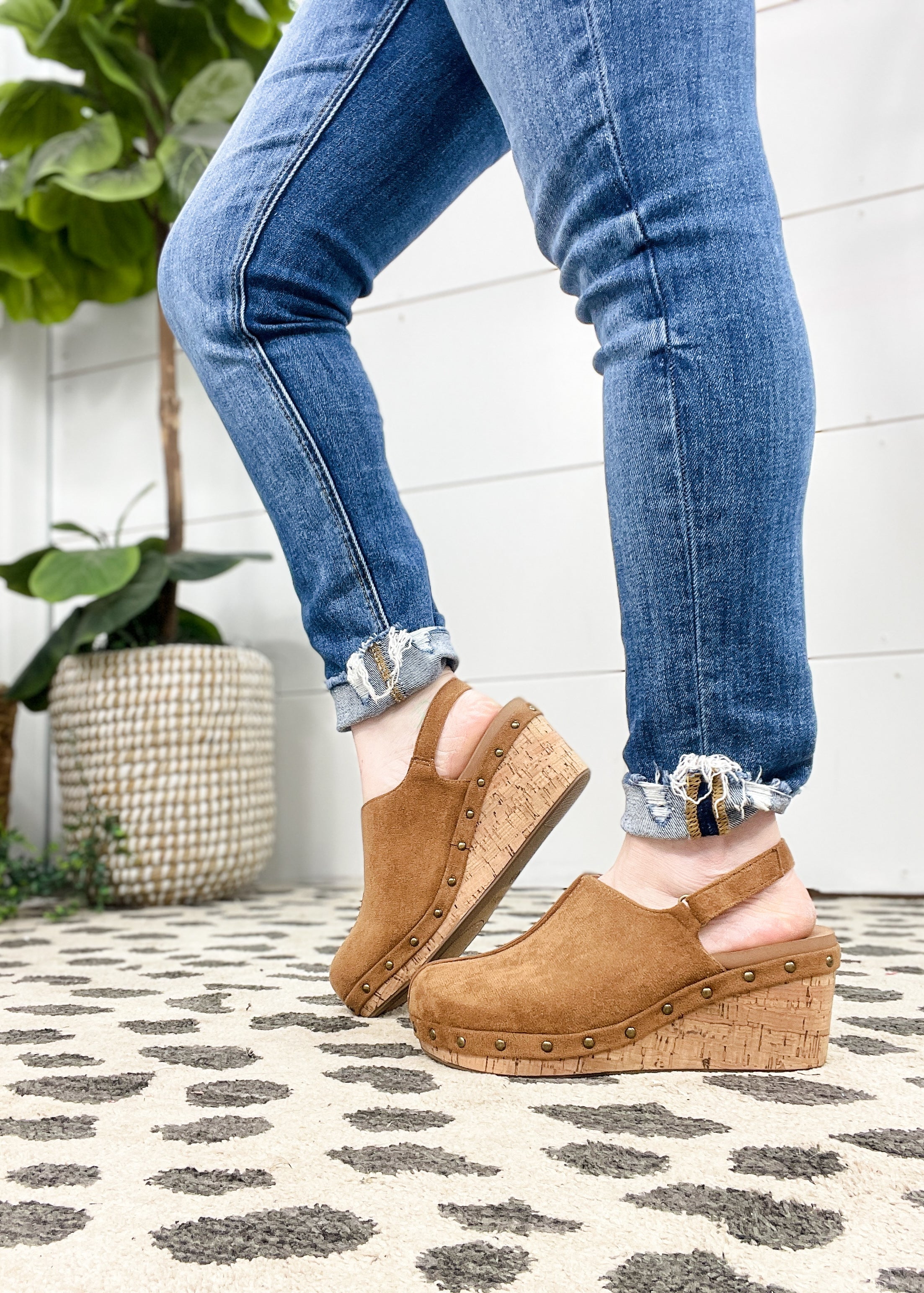 Corkys Make Em Blush Wedge Tobacco Faux Suede