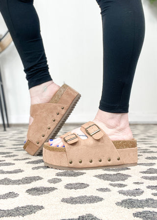 Corkys Wannabe Sandal - Camel Faux Suede - ALL SALES FINAL -