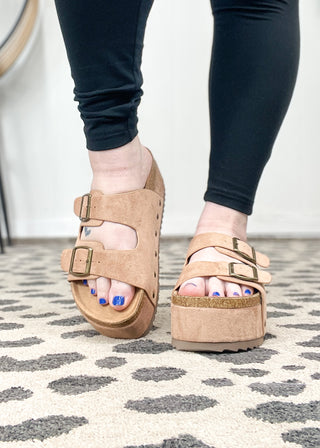 Corkys Wannabe Sandal - Camel Faux Suede - ALL SALES FINAL -